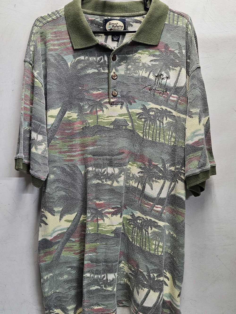 Tommy Bahama Mens Large Thermal Waffle Knit 100% Cotton Polo Shirt Palm Tropical
